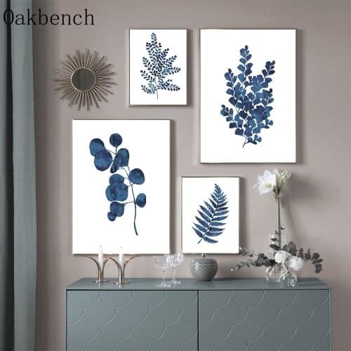 Plant Leaves Canvas Print Minimalist Art Painting Blue Leaf Wall Posters Nordic Wall Art Pictures For Living Room Decoration