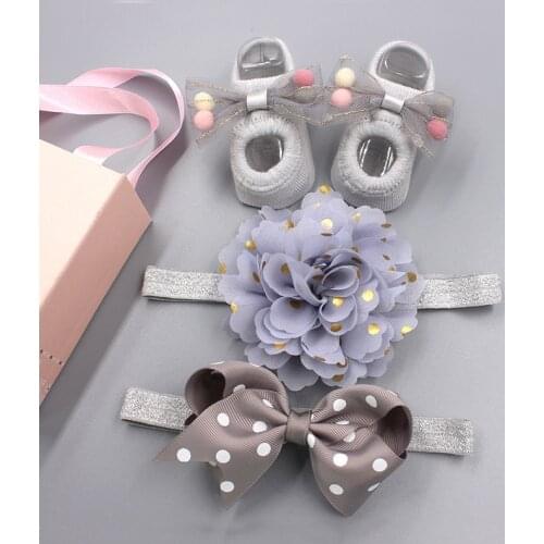 3 Pcs Baby Girl Headband Socks Set Lace Flower Bows Newborn Shower Gift Hairband for Girls Crown Turban Baby Birthday Headband