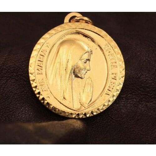 LINSION Gold Plated Brass Virgin Mary Charms Pendant Ave Maria Gratia Plena Jewelry GP167 JP