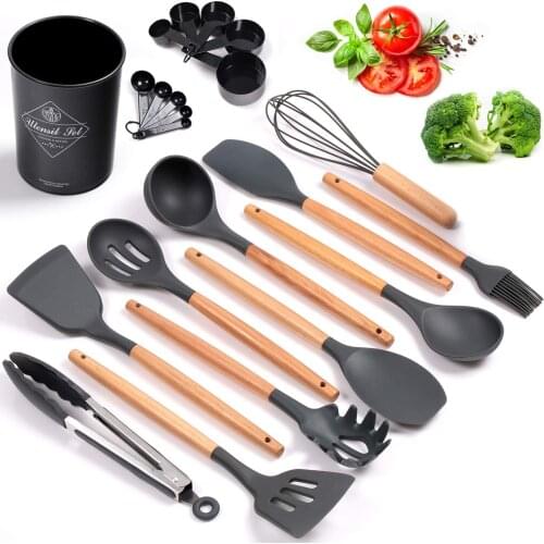 Best Silicone Cooking Utensil Set Wooden Handle Spatula Soup Spoon Brush Ladle Pasta Colander Non-stick Cookware Kitchen Tools