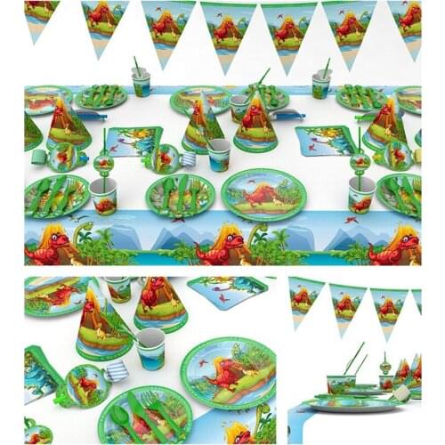 Dinosaur Party Theme Cup Plate Tablecloth Hat Flag Napkin Tableware Sets Children Happy Birthday Theme Party Decoration Supplies
