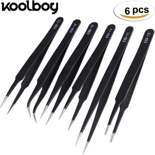 6Pcs Stainless steel Precision ESD tweezers set Fine Pointed Antimagnetic Tweezer for phones watch glasses Hand Repair Tools