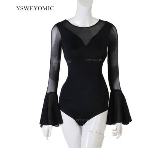Black Ballroom Dance Costume Black Flared Long Sleeves latin dance Bodysuit Practice Latin Ballroom Standard Dance Top