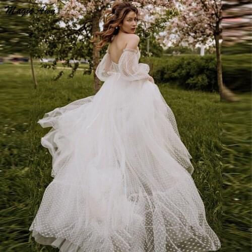 Magic Awn Boho Polka Dots Tulle Wedding Dresses With Detachable Sleeves Sweetheart Illusion Beach Princess Bridal Gowns Robes