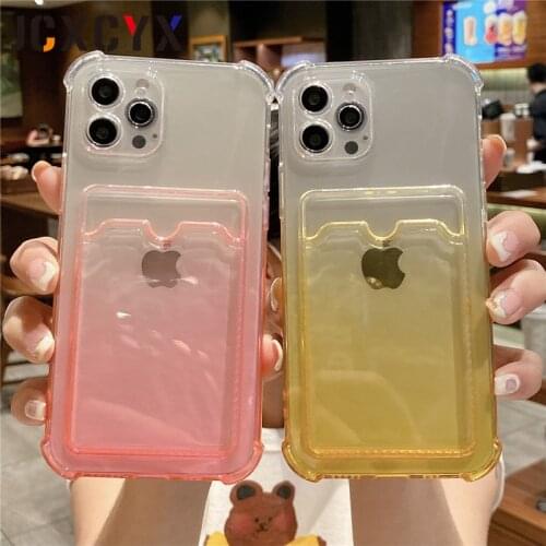 Gradient Transparent Card Slot Shockproof Phone Case For iPhone 12 Pro Max Mini 11 Pro XR XS Max X 7 8 Plus Cute Soft Back Cover