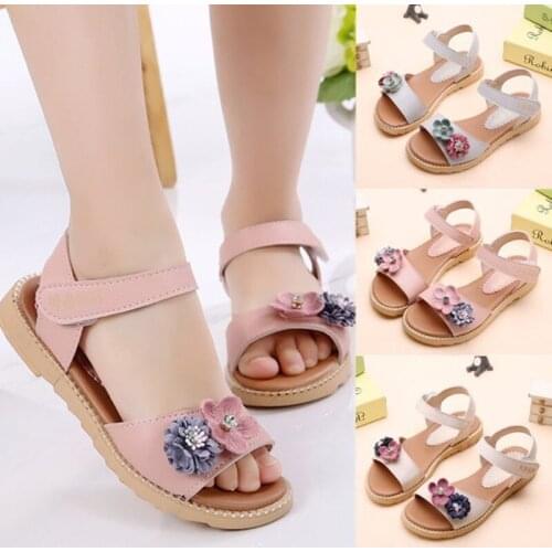 Flowers Kids Sandals Casual Soft Bottom Girls Sandal Children Princess Shoes For Summer Flats Beach Sandals Beige Pink Blue