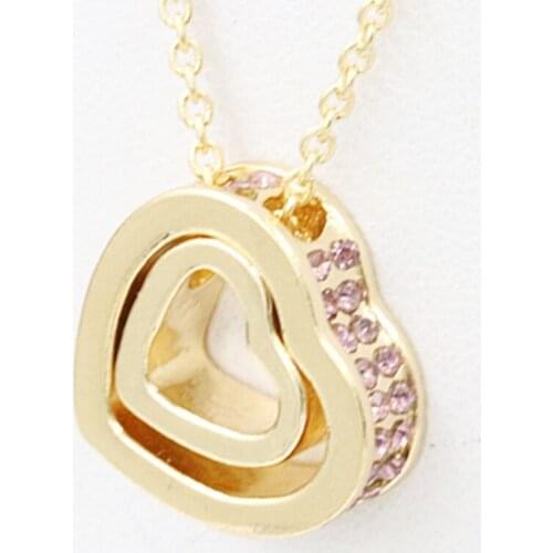 Light Blue Pink & White Crystal Double Hollow Dangle Heart Silver Plated Golden Necklace for Women