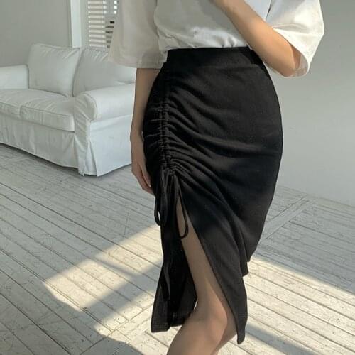 Women High Waist Skirt Summer Korean Harajuku Mini A-Line Lace-up Skirt Package Hip Slim Sexy Knee-length Skirt Female