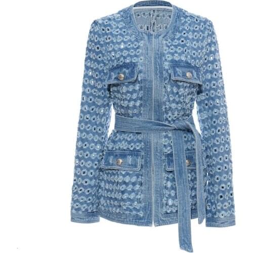 SeeBeautiful New Fashion Spring 2021 Round Neck Long Sleeve Pockets Holes Belt Denim Jacket Loose Coat Windbreaker Woman N937