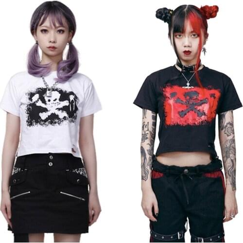 Y2k Skull gothic vintage Unisex Printed Women o-neck T-shirts Harajuku T-shirt Females Summer thin T-Shirt with Short Sleeve Top