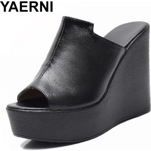 YAERNI HOT New Summer Fish Mouth Sandals Women Slippers Platform Shoes Wedges Slippers Genuine Leather Super High-heeled Sandal