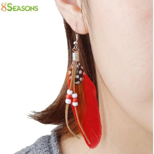 8SEASONS Women Earrings Girl Fashion Jewelry Natural Feather Tassel Earrings 9 Colors Can Be Chose 10.2cm long, 1 Pair 2016 New