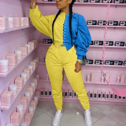 Streetwear Women Hit Color Patchwork 2 Pcs Set 2020 Fall Fashion Uniqe Design Lace Up Long Sleeve Hoodies+Trouser Tracksuit Suit