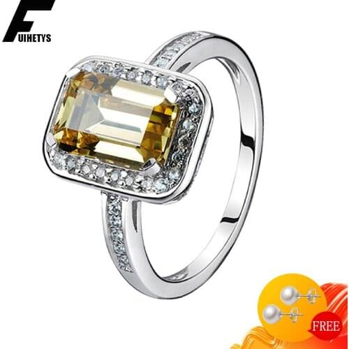 Trendy Women Ring 925 Silver Jewelry Rectangle Citrine Zircon Gemstone Finger Rings for Wedding Engagement Party Ornaments