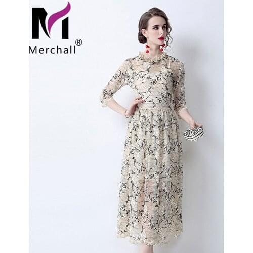 2021 Autumn Elegant Lace Floral Dress Female O Neck Half Sleeve A Line Prom Midi Dresses Runway Fashion Woman Clothing M68982