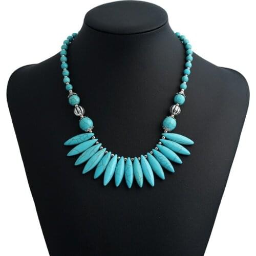 Women Natural Stone India Turquoises Necklace Tiger Eye Water Drop Beads Sector Statement Neck Chain Female Party Jewelry