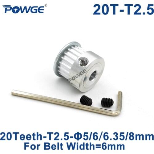 POWGE Trapezoid tooth 20 Teeth T2.5 Synchronous pulley bore 5/6.35/8mm For width 6mm T2.5 timing Belt pitch 2.5mm 20Teeth 20T