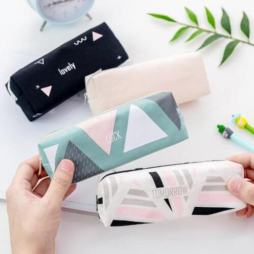 1pc Stationery Box Fresh Fashion Geometric Series Student Pencil Bag Canvas Large Capacity Pencil Case Office School Supplies