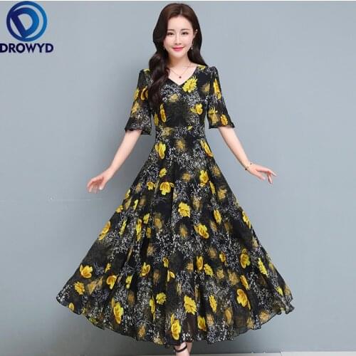 2021 Summer Beach Dress New Hot Sale V Collar Short Sleeve Flower Printed Women Chiffon Long Chiffon Party Dress Plus Size M-3XL