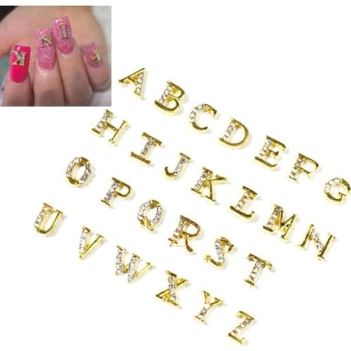 26Pcs/Lot A-Z English Letters Gold Glitter 3D Metallic Rhinestone Nail Studs /AB Stone Nail Art Charm Alphabet AB Crystal B055