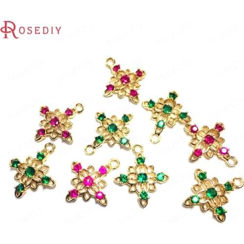34921)10PCS 14.5x14.5MM 24K Champagne Gold Color Brass and Zircon 2 Hole Flower Connect Charms Pendants Jewelry Making Supplies