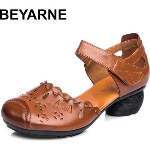 BEYARNE Summer Comfort With Thick Heel Genuine Leather Sandals Mother Non-Slip Shoes Rubber Bottom Women Cow Leather Shoes