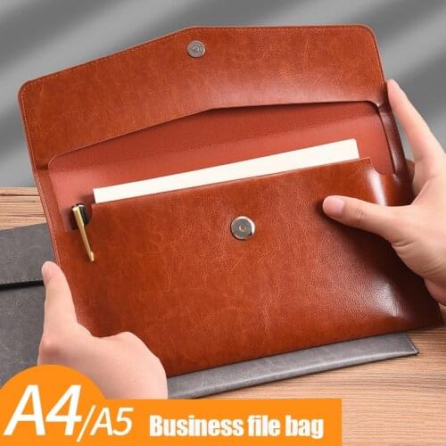 A4/A5 Business File Holder Large Capacity Portable PU File Bag Desktop Organizer Office Document Bill Storage Bags Black Brown