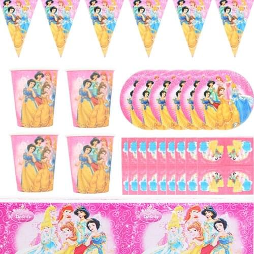 Disney Princess Disposable Tableware Set For Kids Birthday Party Princess Tablecloth Napkins Paper Cup Plate Party Favor Gifts