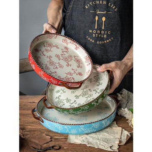 Porcelain plates Creative Plate Household Bianural Soup Pizza Bake Pan Microwave Ceramic Tableware plates dish for fruit