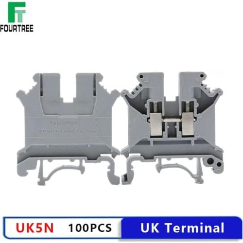 100PCS UK 5N Wire Terminal Blocks Universal Wiring Cable Row Connection Brass DIN Rail Screw Strips 4mm2 Wire 41A 800V