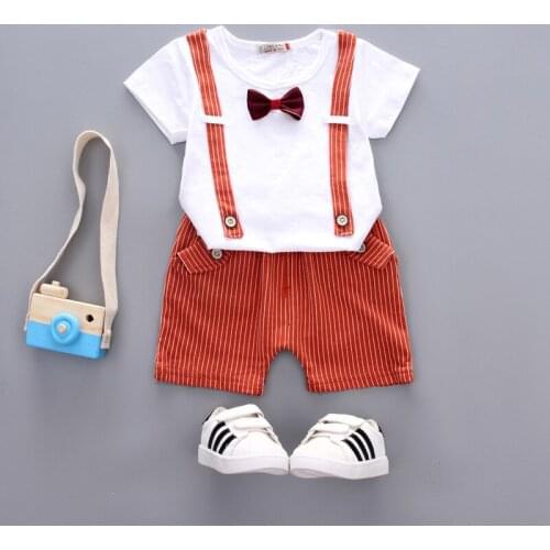 New Toddler Boy Clothes Baby Boys Clothes Sets 2 Pcs Wedding Party Gentleman Bow Striped Suspender Short Sleeve Tops+short Pants