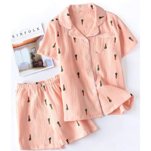 Womens Two Piece Pijamas Set Summer Cotton Short Sleeve Sleep Tops Shorts Cute Print Night Wear Loose Home Suit Pijama Mujer
