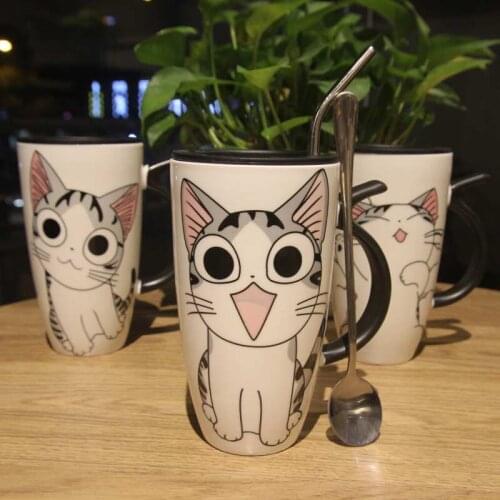 Cute Cat Cartoon Ceramic Cup Milk Coffee Mug Individual Couple Large Capacity Water Cup with Covered Spoon