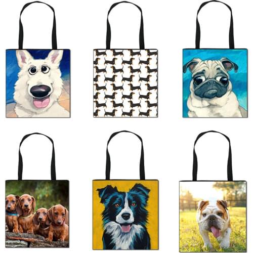 Cute Cartoon Dog Print Handbag Ladies Green Shopping Bag Dachshund Pug Girl Shoulder Bags Tote Bag Gift