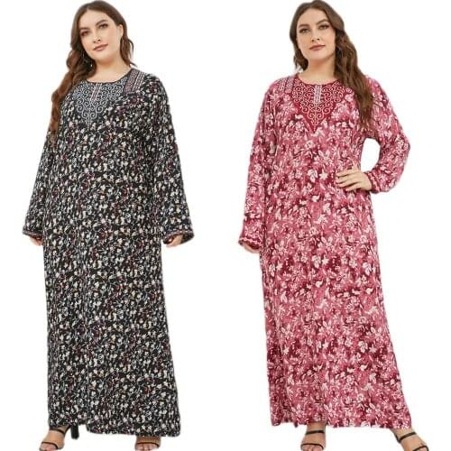 Fashion Floral Print Women Long Dress Loose Kaftan Plus Size Muslim Islamic Clothing Turkish Long Sleeeve Maxi Robe Gown Dubai