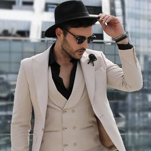 ANNIEBRITNEY Beige 3 Piece Men Slim Fit Formal Suit Tailor Made Skinny Fashion Groom Wedding Tuxedo Prom Wedding Men Suit Sets
