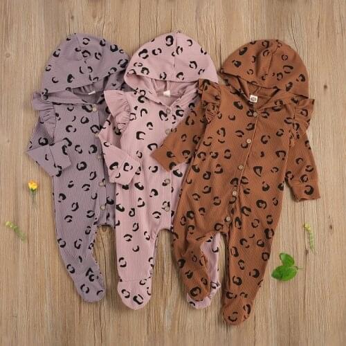 0-24M Newborn Baby Boy Girl Long Sleeve Single Breasted Leopard Hooded Romper Jumpsuit Cotton Clothes