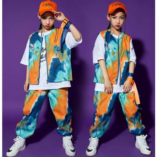 New Children Street Dance Hip Hop Clothes Girls Jazz Performance Wear Tie Dyed Hip-Hop Pants Vest Drum Stage Rave Outfits BL6502