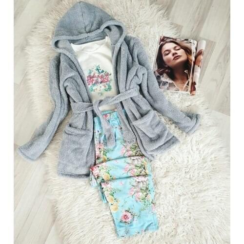 Pembishomewear Gray Plush Sabahlıklı Combed Cotton Sleepwear Set 9