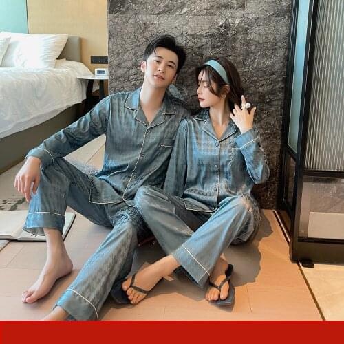 Sexy Houndstooth Jacquard Satin Silk Long Sleeve Pants Pajamas Sets Couple Sleepwear Pijama Men & Women Casual Nightwear