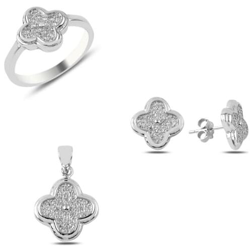 Silver 925 Sterling Clover Set, Earrings, Necklace, Ring