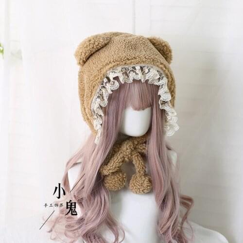 Harajuku Thicken Earmuffs Winter INS Bandage Fashion Cap Soft Girl Lovely Lace Trim Lolita Daily Little Bear Ear Plush Warm Hat