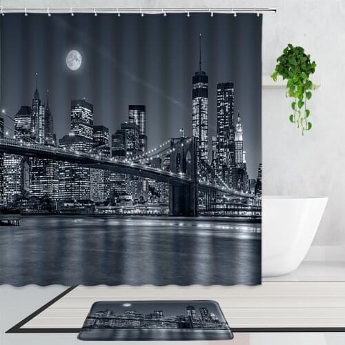 New York Night View Shower Curtains Black White City Architectural Scenery Bathroom Decor Curtain Set Non-Slip Carpet Bath Mats