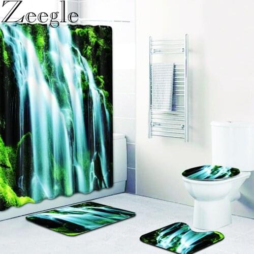 Zeegle 4Pcs Memory Foam Bathroom Bath Mat Shower Curtain Pedestal Rug Lid Toilet Cover Toilet Mat Bath Mat Set For Bathroom