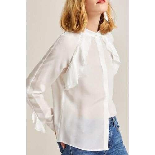 Pure Silk Top 100% Mulberry Silk Women Long-Sleeve Ruffles Lace Blouse S M L FREE SHIPPING