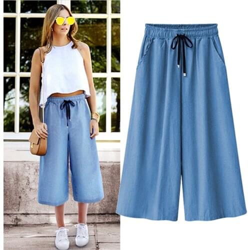 Blue Wide Leg Pants Women 2019 Summer Fashion High Waist Loose Calf-Length Pants Women Casual Pants Female