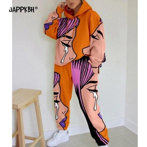 Women Tracksuits Wives Spring 2021 Casual Loose Fashion Print Hipster Hoodies Sweater Pants Suit Female Oversize 2 Piece Sets