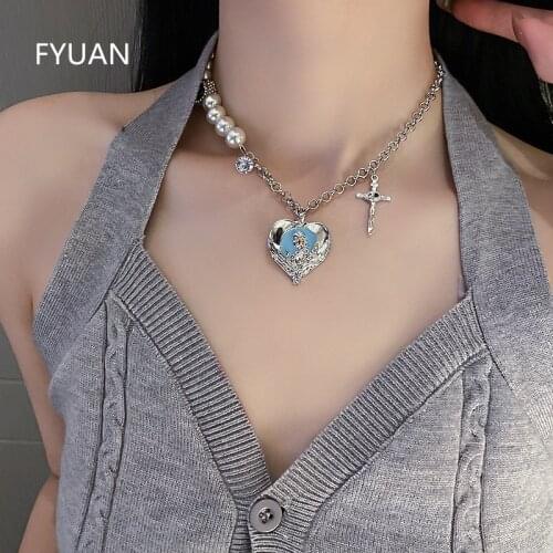 FYUAN Fashion Blue Heart Crystal Choker Necklaces for Women Cross Pendant Pearl Necklaces Party Jewelry Gifts