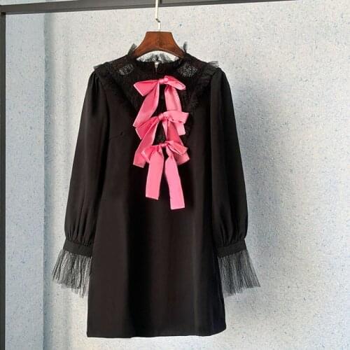2021 Runway Design Fashion Bow Chic Dress Net Gauze Patchwork Woman Long-Sleeved Korean Retro Black Popular Elegant Dress