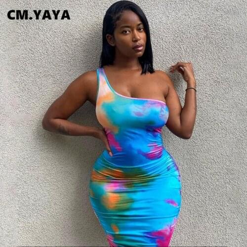 CM.YAYA Women Midi Dress Die Dye Print One Shoulder Skew Collar Sheath Elastic Dresses Sexy Fashion Streetwear Summer Outfit